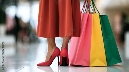 Elegant Woman Standing Beside Colorful Shopping Bags in a Modern Retail Environment