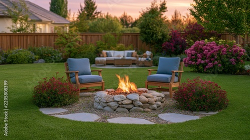 Tranquil Circular Firepit in Lush Landscaped Backyard with Comfortable Seating and Vibrant Flowers