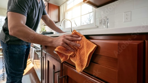Professional Home Maintenance Concept with Detailed Focus on Kitchen Cleaning Activity and Tools
