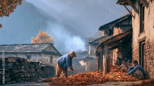 Tranquil Rural Scene with Villagers Collecting Harvest in a Stunning Mountain Landscape