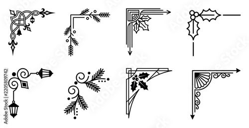 Christmas corner frames set with holly and pine branches for seasonal paper decoration.