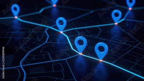 A glowing digital map with blue location pins connected by light paths. Navigation concept for logistics and transportation ads.