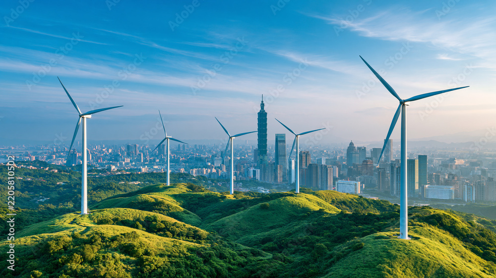 Obraz premium Wind turbines stand on lush green hills overlooking metropolitan cityscape of Taipei skyline during bright sunny morning.