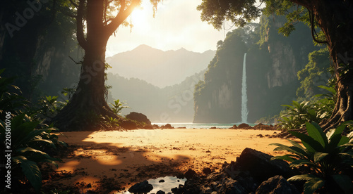 Hidden Tropical Cove Waterfall Jungle Canopy Game Level Environment