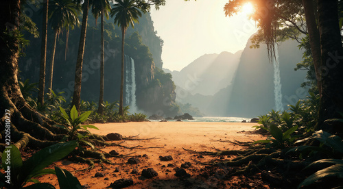Ancient Banyan Tree Waterfall Jungle Shore Game Environment Art