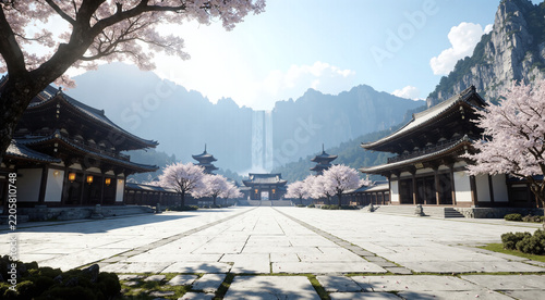High-Angle Asian Temple Courtyard Cherry Blossom Game Level Concept