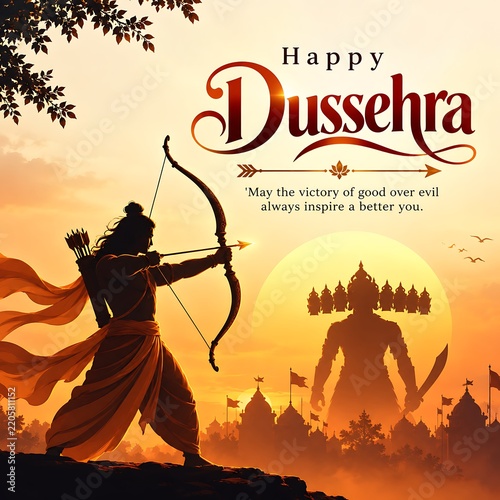 Happy Dussehra Festival Poster with Lord Rama, Ravana Effigy and Bow