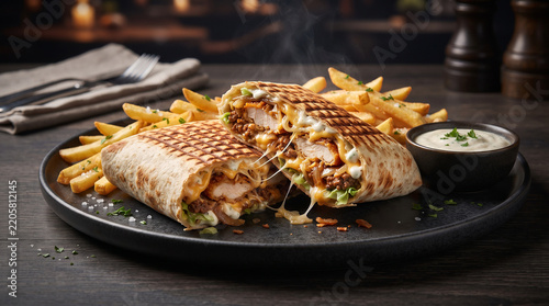 Premium French tacos with crispy grilled tortilla, juicy seasoned meat, melted cheese, creamy sauce, fresh vegetables and golden French fries