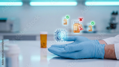 AI pharmacy inventory and medication expiration tracking concept, gloved hand with AI brain chip, pill bottles with checkmarks and expiry alert tag with hourglass and red bell