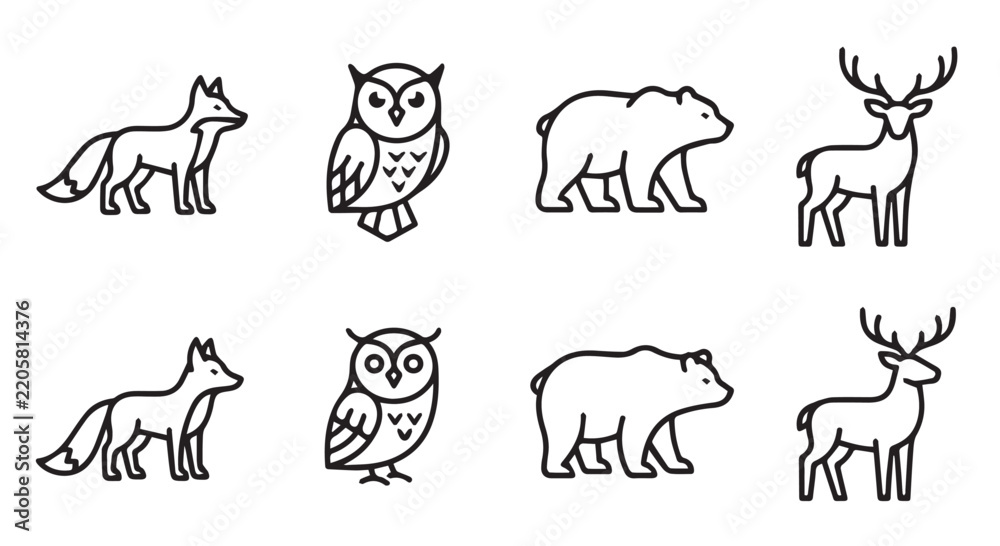 Fototapeta premium Wild Animal Line Icon Set - Fox, Owl, Bear, Deer Vector Icons