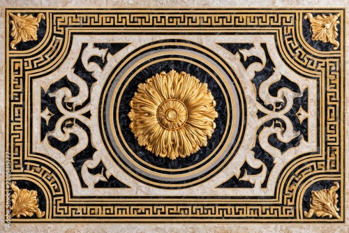 Ornate gold rosette with neoclassical marble inlay and greek key borders in a luxury architectural panel for interior design and heritage branding