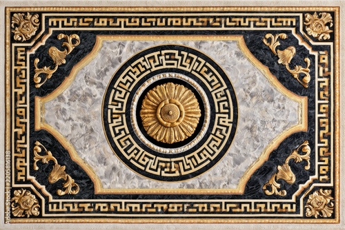 Classical ceiling panel featuring gilded floral filigree and meander border on marble inlay for upscale architectural design marketing