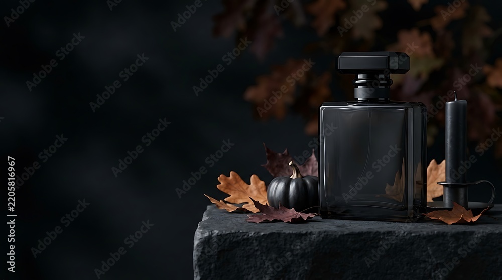 Obraz premium Luxury black perfume bottle on stone pedestal surrounded by dried autumn oak leaves and black candle on dark moody background