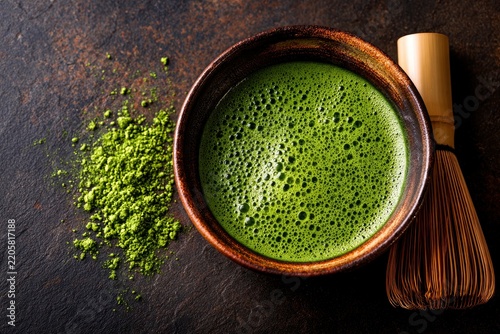 Green matcha tea in a ceramic bowl with bamboo whisk and powder on dark stone surface in a sharp macro shot for wellness and culinary marketing