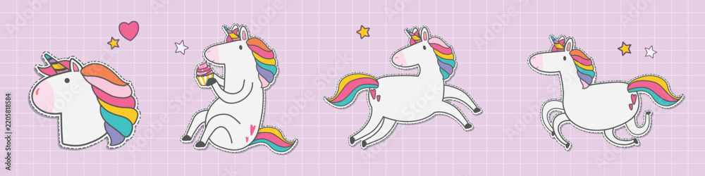 Obraz premium Vector of cute unicorns with rainbow manes on a pink grid background.