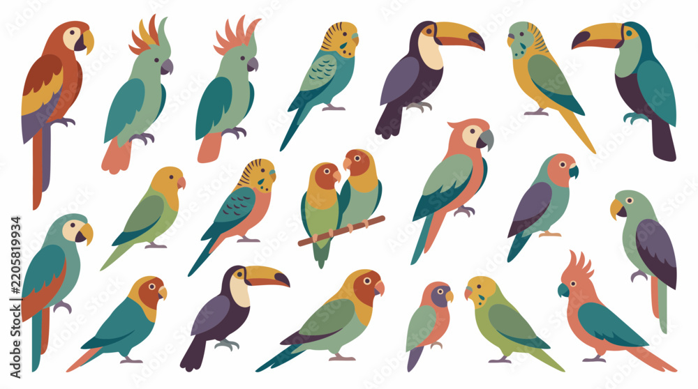 Fototapeta premium Flat vector tropical bird collection showing colorful parrots, exotic toucans and diverse pet species, concept for wildlife illustration and nature education