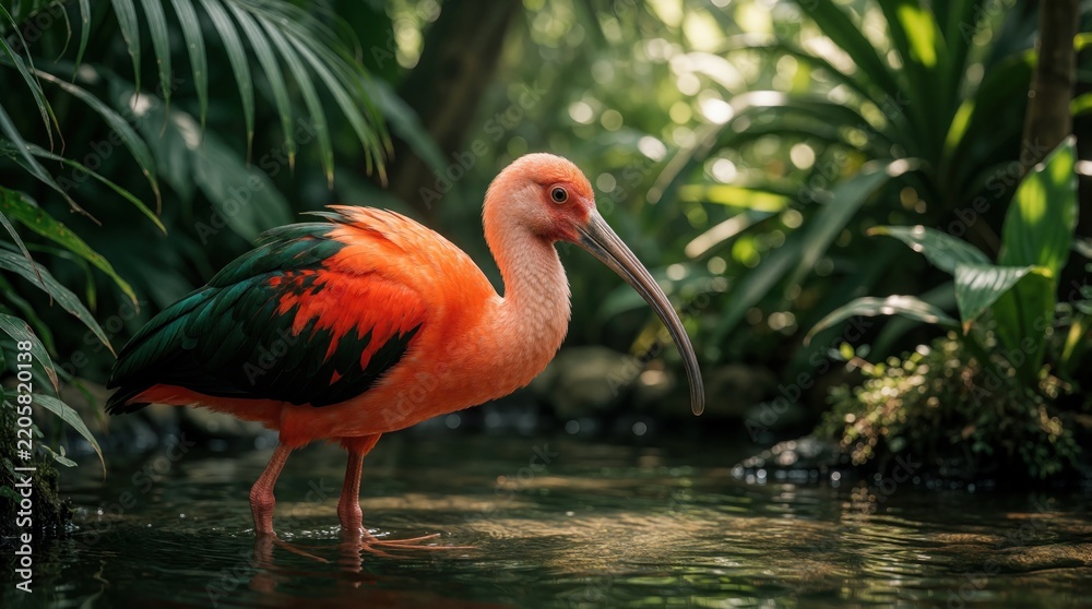 Fototapeta premium Scarlet ibis bird wades in shallow tropical water. Bright red exotic bird with long curved beak stands in forest wetland. Beautiful avian wildlife lives in rich green jungle swamp. Nature closeup of