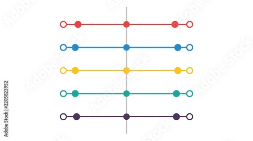 Abstract infographic timeline with five colorful horizontal lines and circular markers on white