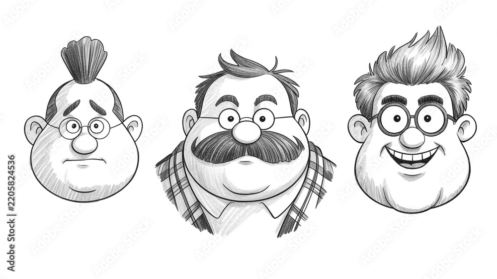 Fototapeta premium Funny Cartoon Faces of a Couple and Family, Cute People and Animal Character Vector Illustration Set for Kids, Love, Fun, Comic and Decorative Design