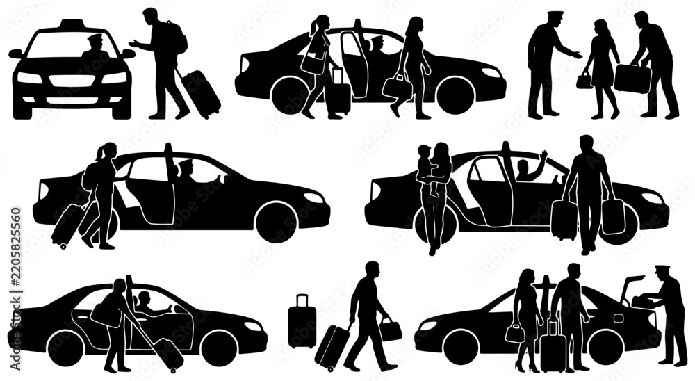 Fototapeta premium Taxi service silhouettes set, passenger hailing cab vector elements, black luggage transport icons for travel graphics