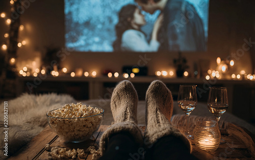 Cozy Movie Night with Popcorn and Wine