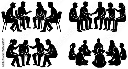 Group Therapy Silhouette Icons, Support Group Vector Collection, Mental Health Discussion Circle Graphics