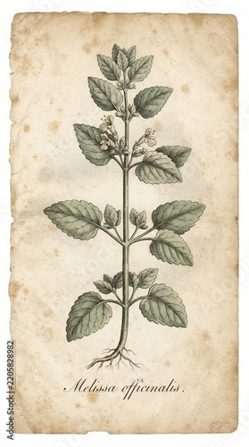 A soothing antique engraving of Melissa officinalis, drawing bees through a sunlit herb garden