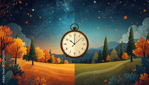 Autumn Equinox Global Vintage pocket clock changing time between vibrant autumn season daylight and dark starry night sky with falling colorful foliage leaves in landscape illustration