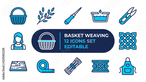 Basket Weaving Icons Set: A collection of 12 editable graphic icons representing the craft of basket weaving, including tools, materials, patterns, and a weaver.