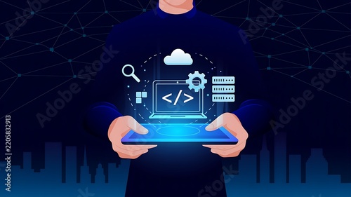 Futuristic Digital Software Development Interface Featuring Virtual Coding and Cloud Computing Technology