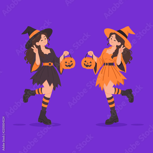 Two Girl Cute Cosplay Halloween Witch with Pumpkin Candy Bucket Isolated on White Background