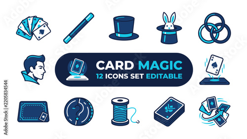 Card Magic Icons: A set of 12 graphic icons representing elements of card magic, including a magician, top hat, rabbit, wand, playing cards, and interlocking rings.