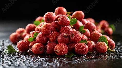 Red Hawthorn Berries with Water Droplets, Fresh Red Fruit