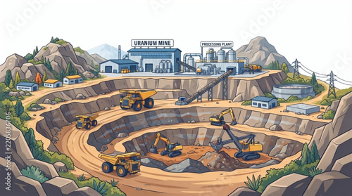 Open Pit Uranium Mining Illustration with Heavy Equipment  