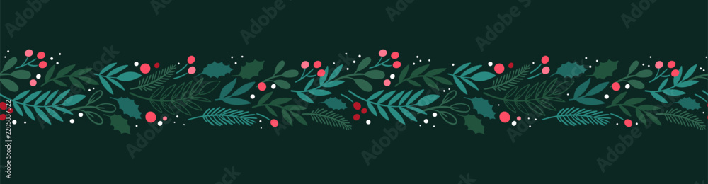 Obraz premium Lovely hand drawn Christmas seamless pattern, cute greenery, flowers and snowflakes, great for textiles, wrapping, banners, wallpapers - vector design
