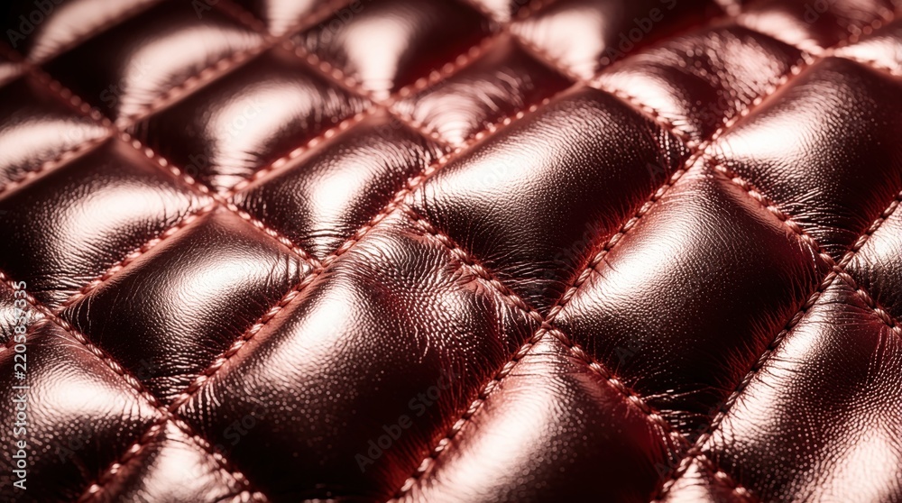 Obraz premium Closeup of red rose gold quilted leather texture. Shiny metallic fabric with diamond stitching pattern. Luxury material for fashion accessories, clothing design. Abstract background with detailed