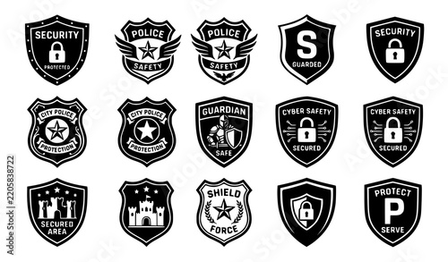 Security Badge and Shield Icon Set with Cyber Safety Lock Star and Guardian Emblem Vector Illustration Collection