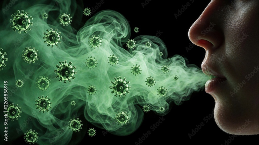 Naklejka premium Face side view exhaling green virus particles, respiratory droplets on black background. Concept of airborne disease transmission, pandemic spread, coughing sneezing infection. Medical illustration