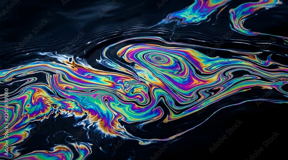Obraz premium Vibrant oil slick floating on dark water displays mesmerizing rainbow colors with iridescent swirling liquid patterns