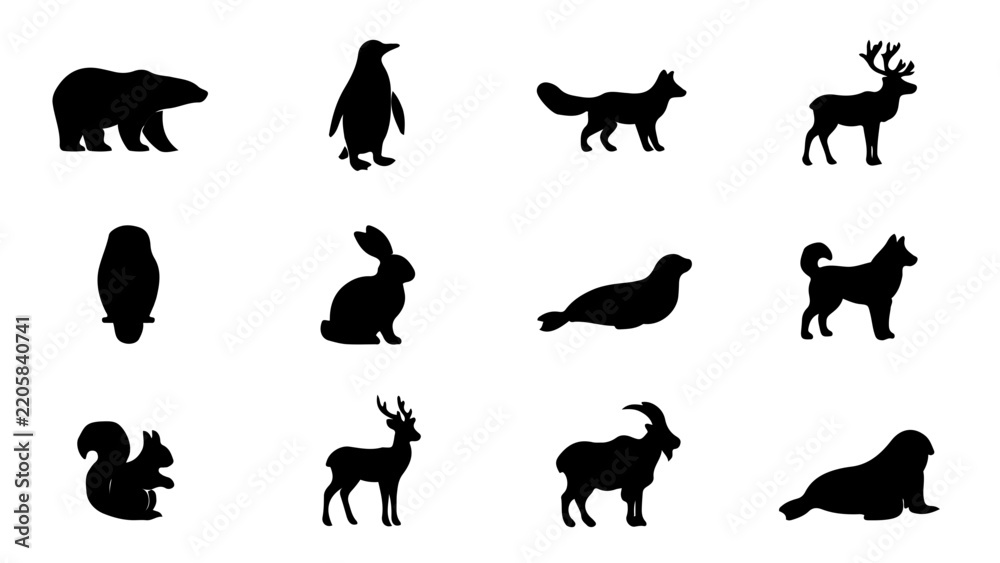 Fototapeta premium Black silhouettes of twelve animals in various poses against plain
