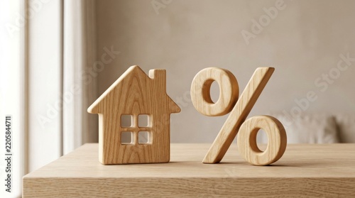 Wooden house model and percentage sign standing on a tabletop representing property finance and loan rates