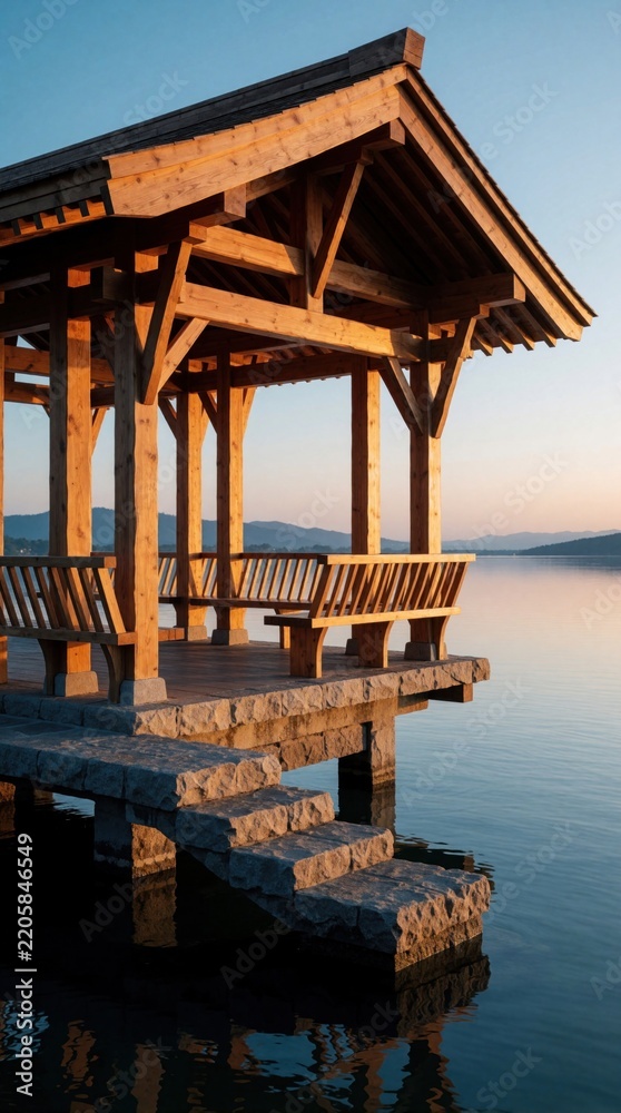 Fototapeta premium Wooden pavilion stands on stone pier over calm lake at sunset. Open structure with timber beams offers peaceful retreat by water. Beautiful landscape view with mountains in distance. Serene