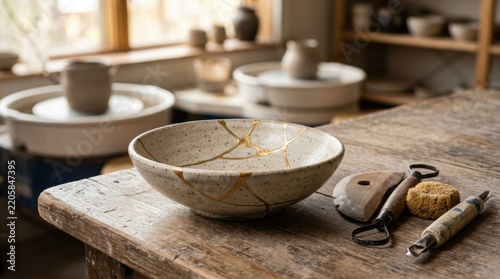 Cracked Ceramic Bowl Repaired with Golden Kintsugi Art on Wooden Table