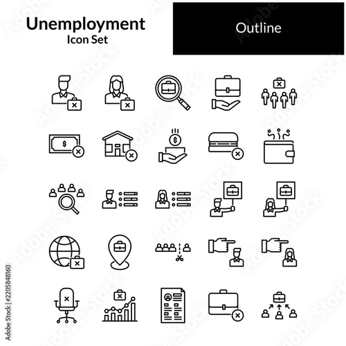 Unemployment outline icon set. jobless line illustration set.