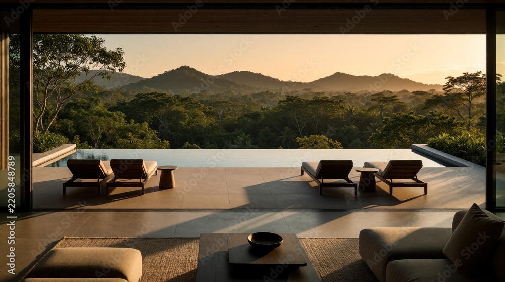 Fototapeta premium Modern luxury villa balcony with infinity pool overlooking rich green forest, mountains at sunset. Elegant outdoor terrace features sun loungers, lounge furniture. Scenic landscape view from