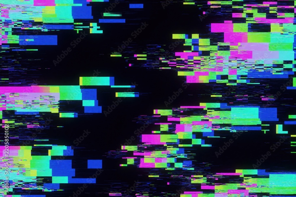 Fototapeta premium Abstract glitch texture background with colorful digital distortion. Neon blue pink and green pixel blocks on black screen. Cyberpunk aesthetic error effect for modern graphic design.