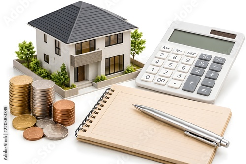 House Model Calculator and Coins for Mortgage Planning Isolated on White Background