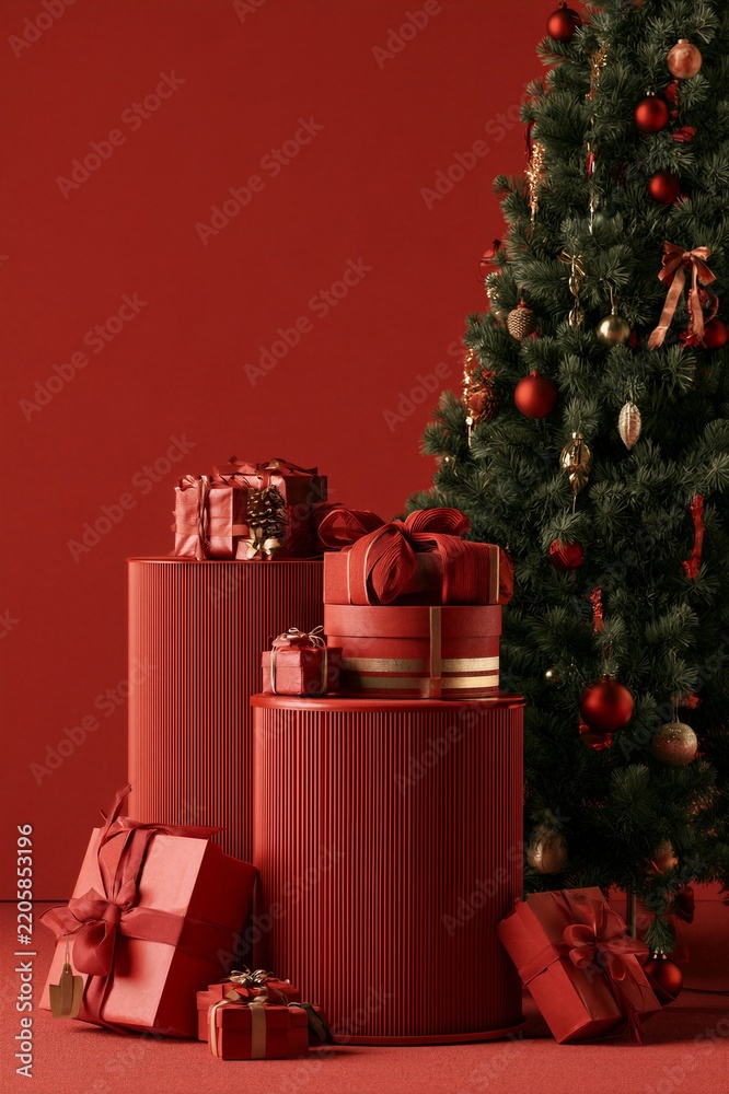 Obraz premium Gift boxes arranged on ribbed red podiums beside a decorated Christmas tree. Christmas holiday product display mockup. Seasonal gift giving and festive advertising concept.
