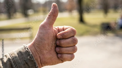 Hand giving a positive thumbs up gesture in a natural outdoor setting