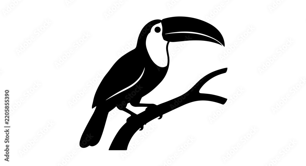 Fototapeta premium Minimalist toucan silhouette icon on branch, black and white tropical bird vector illustration, exotic wildlife logo element